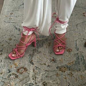 Pink Open Toe Lace-Up Heeled Sandals